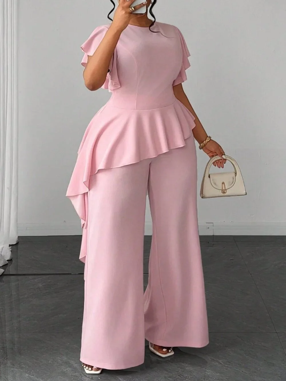 Baby Pink Elegant Women's Plus Size Round Neck Top And Wide Leg Pants Set
